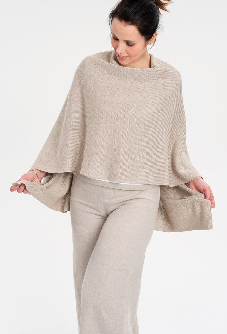 Poncho i lin/bomull strikk - linfarge